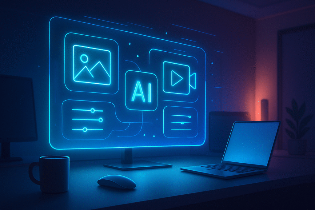 Person using a laptop with holographic AI logos and icons floating above the screen, symbolizing artificial intelligence tools.