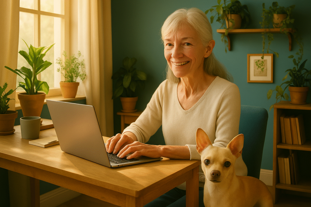 Lauren, founder of Galanthii.com, smiling while working on her laptop at a desk with her dog Bella beside her, surrounded by plants and sunlight