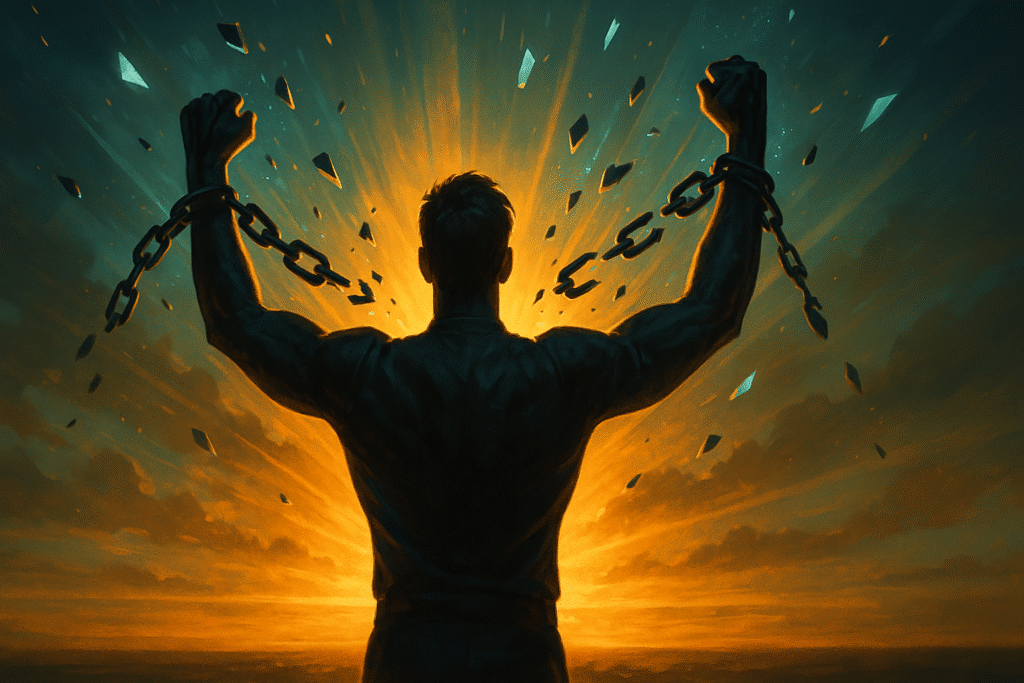 Person breaking chains symbolizing freedom from digital side hustle and tech myths about starting an online business