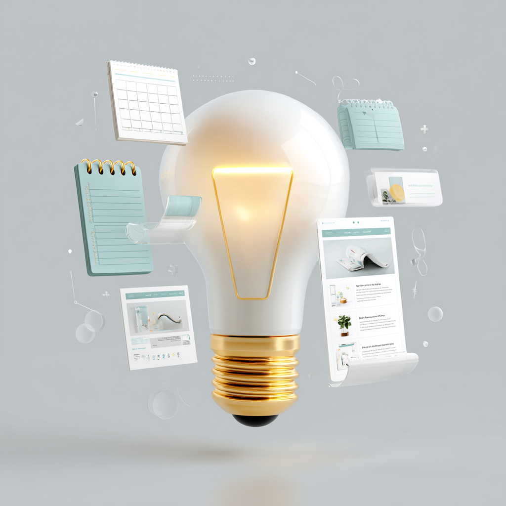 Lightbulb glowing and transforming into digital products like a planner, journal, and social media templates, symbolizing AI-powered business ideas.