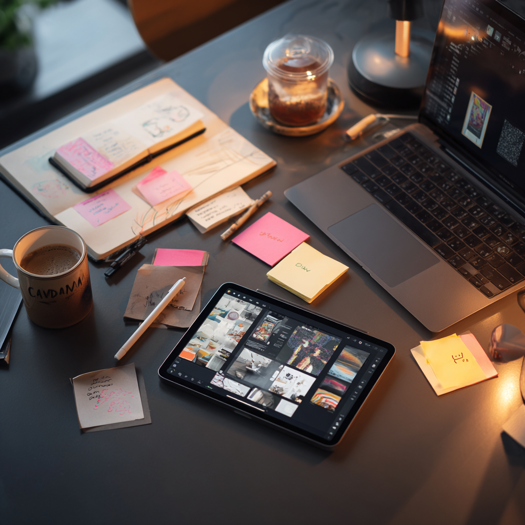 Busy desk with laptop, notes, coffee, tablet