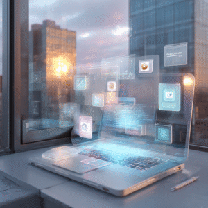 Person using a laptop with holographic AI logos and icons floating above the screen, symbolizing artificial intelligence tools.