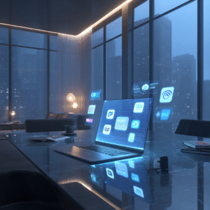 Person using a laptop with holographic AI logos and icons floating above the screen, symbolizing artificial intelligence tools.